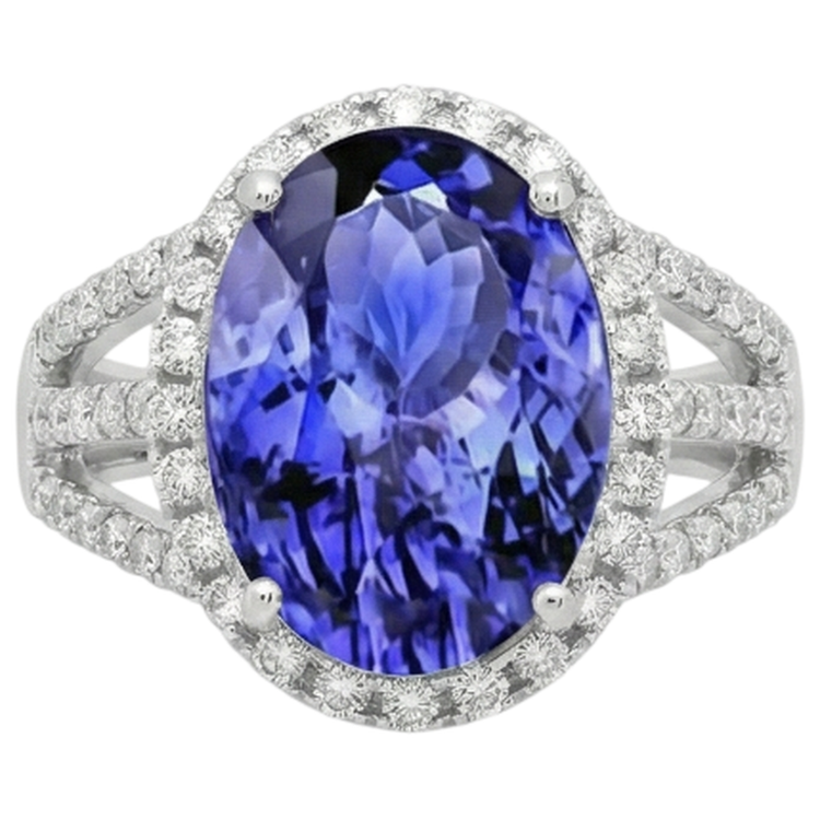 5.80 Carats Tanzanite Ovale & Diamant Naturels Extraits des Mines ( et non cultivés en laboratoire ) Rond Bague Fantaisie Or Blanc 14K