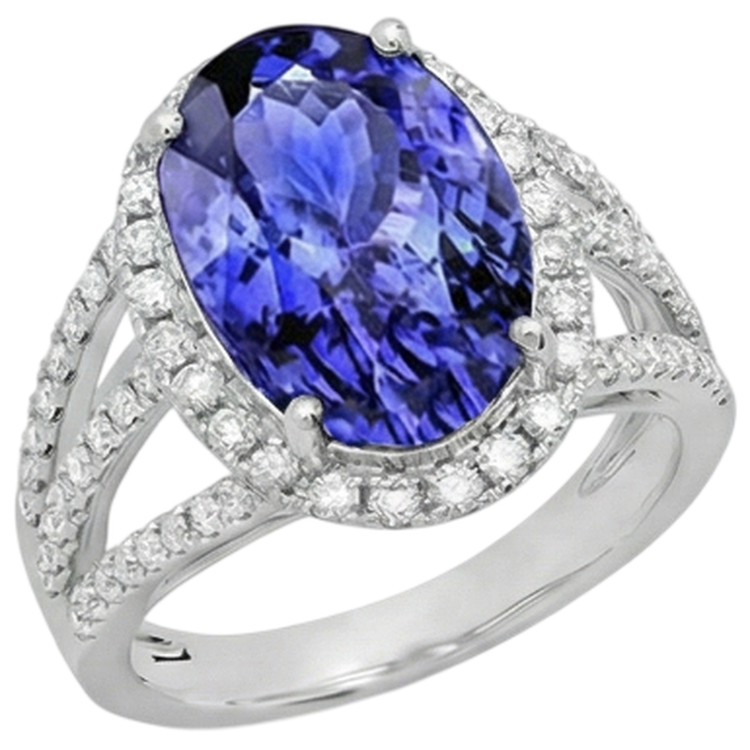 5.80 Carats Tanzanite Ovale & Diamant Naturels Extraits des Mines ( et non cultivés en laboratoire ) Rond Bague Fantaisie Or Blanc 14K
