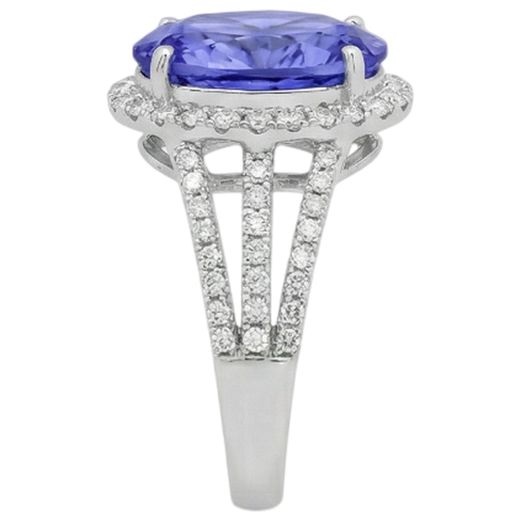 5.80 Carats Tanzanite Ovale & Diamant Naturels Extraits des Mines ( et non cultivés en laboratoire ) Rond Bague Fantaisie Or Blanc 14K
