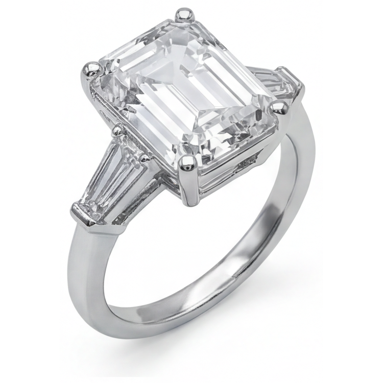 5.80 ct. Bague 3 Pierres Réel Diamant Émeraude & Baguettes Or Blanc Nouveau