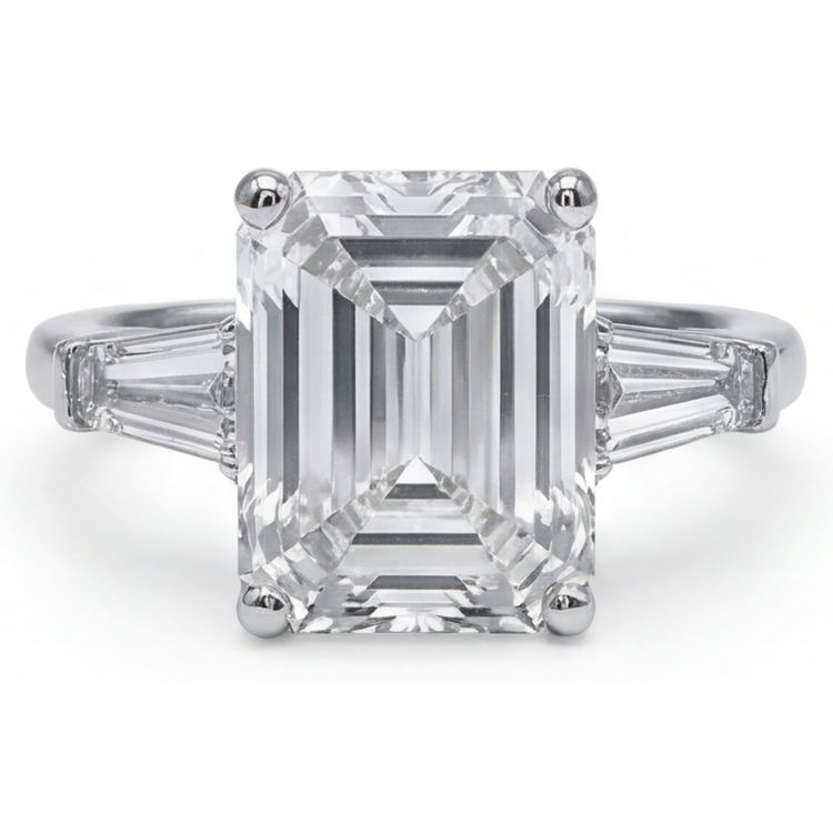 5.80 ct. Bague 3 Pierres Réel Diamant Émeraude & Baguettes Or Blanc Nouveau