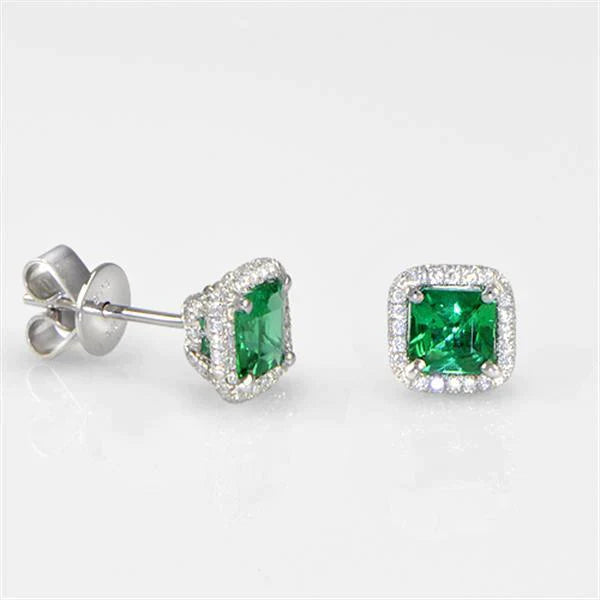 5 Carats Emeraude Vert Avec Halo Diamants Boucles D'oreilles Or Blanc 14K
