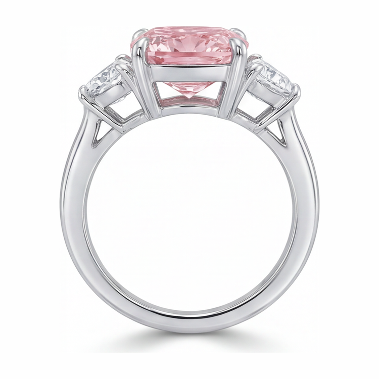 Bague trois pierres en diamant rose de laboratoire 5 carats taille coussin en or blanc 14 carats