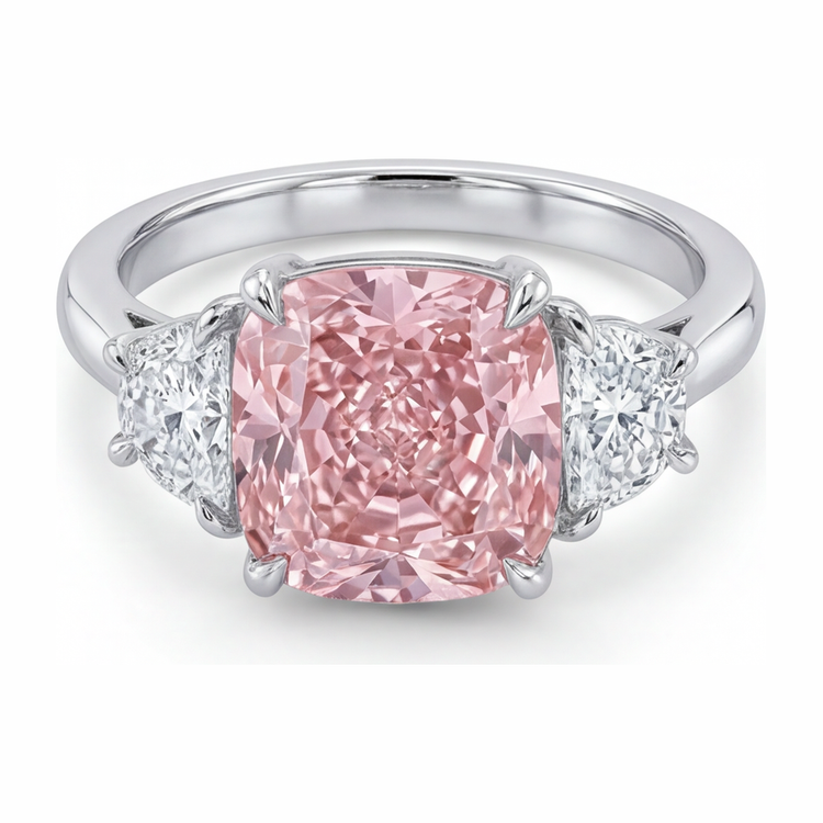 Bague trois pierres en diamant rose de laboratoire 5 carats taille coussin en or blanc 14 carats