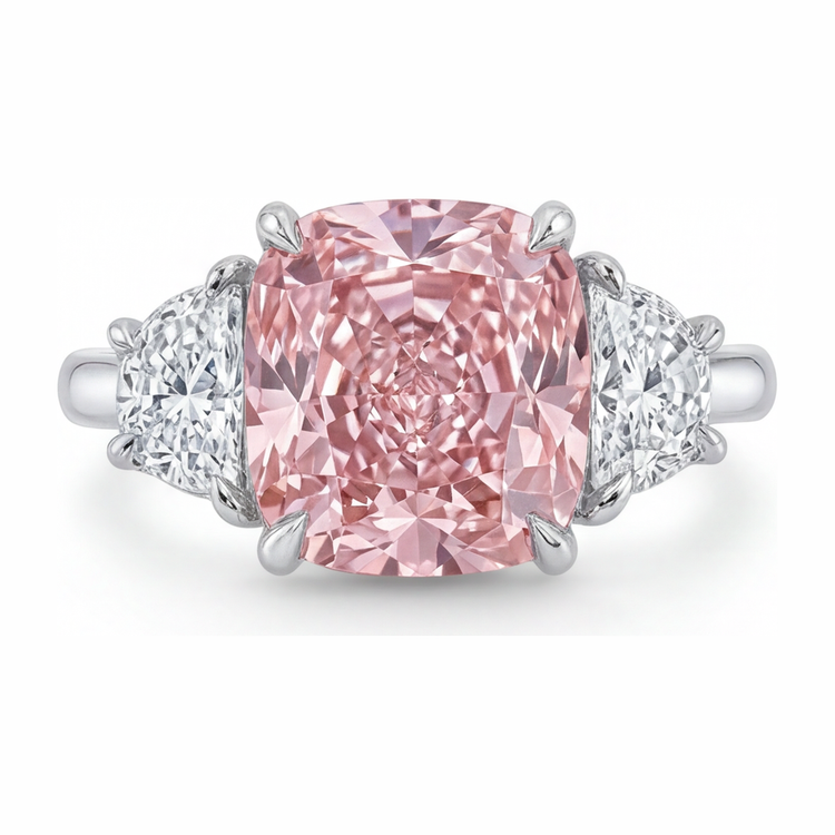 Bague trois pierres en diamant rose de laboratoire 5 carats taille coussin en or blanc 14 carats