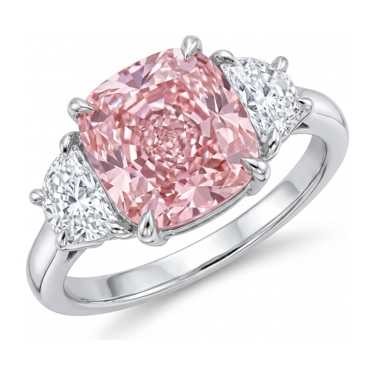 Bague trois pierres en diamant rose de laboratoire 5 carats taille coussin en or blanc 14 carats