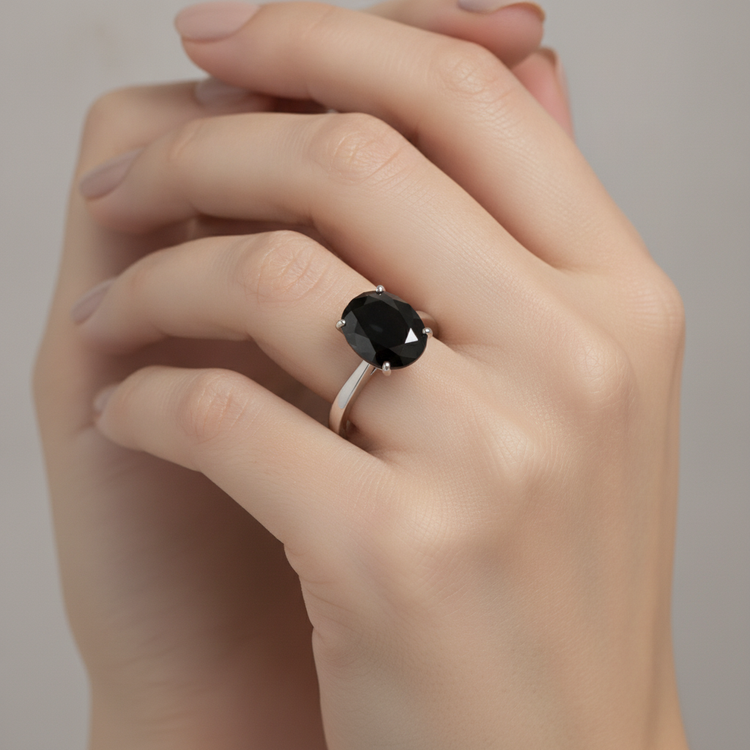 Bague de Fiançailles Solitaire Diamant Noir Véritable Ovale 5 Carats Anneau Fuselé en Or Blanc 14 Carats
