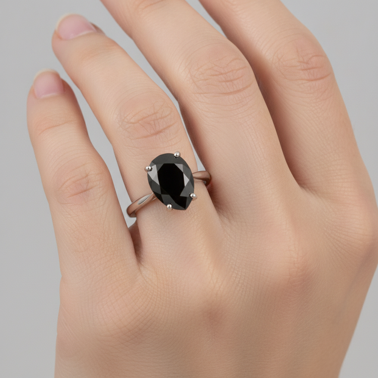 Bijoux en diamant noir - Bague solitaire poire fil couteau en diamant véritable 5 carats en Or Blanc 14 carats