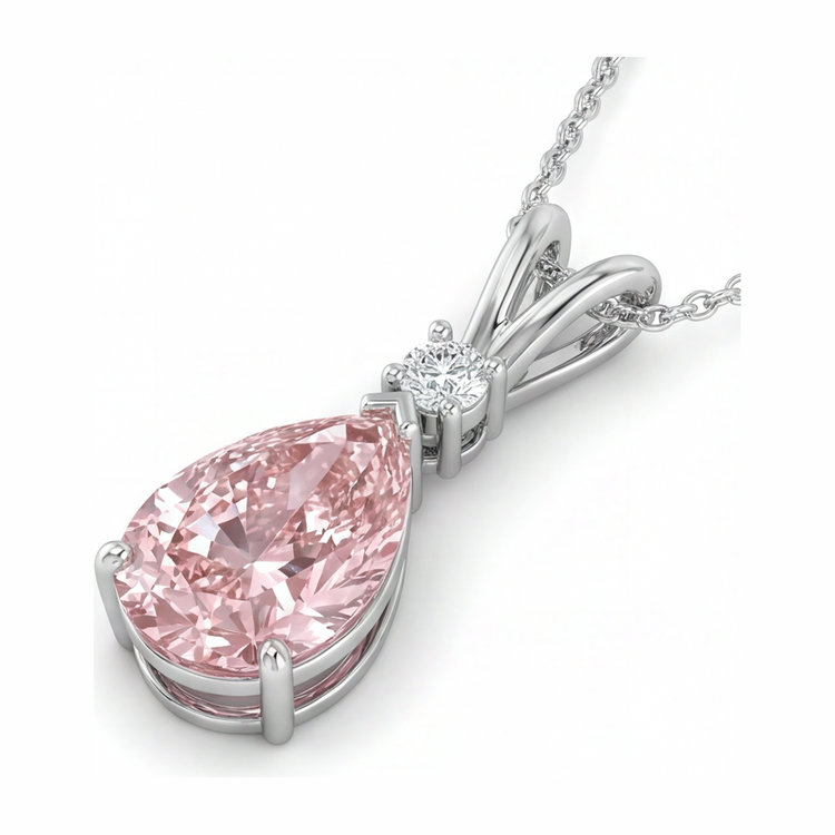Collier Pendentif Solitaire Diamant Rose de laboratoire 5 Carats Taille Poire à Corps Fendu en Or Blanc 14 Carats
