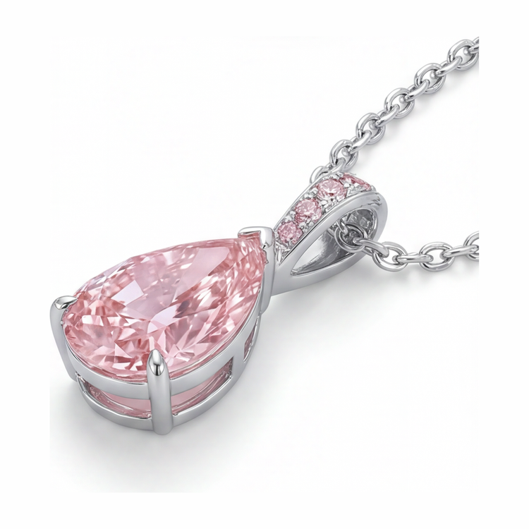 Collier Pendentif Solitaire Diamant Rose de Laboratoire 5 Carats Poire Pavé Or Blanc 14 Carats