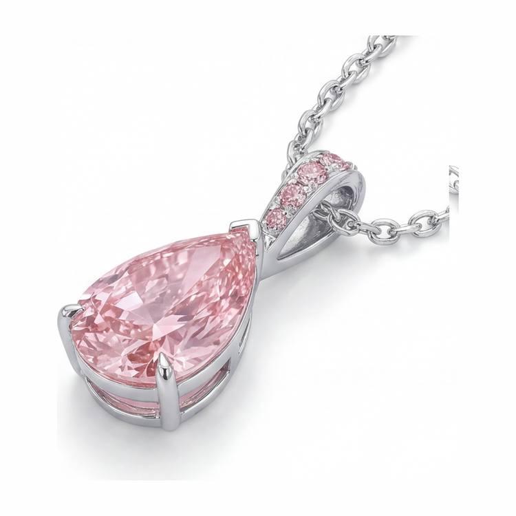 Collier Pendentif Solitaire Diamant Rose de Laboratoire 5 Carats Poire Pavé Or Blanc 14 Carats