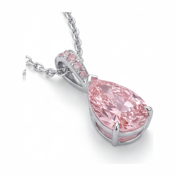 Collier Pendentif Solitaire Diamant Rose de Laboratoire 5 Carats Poire Pavé Or Blanc 14 Carats
