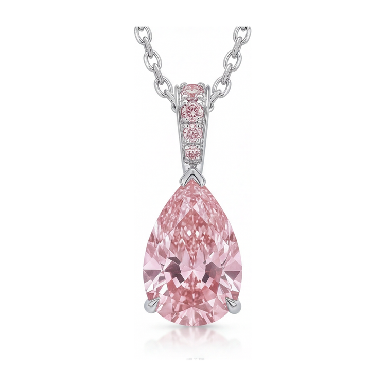 Collier Pendentif Solitaire Poire Pavé Diamant Rose de Laboratoire 5 Carats en Or Blanc 14 Carats