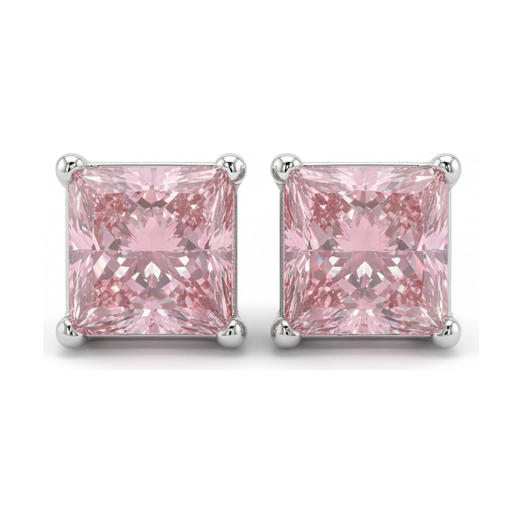 Boucles d'oreilles solitaire taille princesse en diamant rose de laboratoire 5 carats en or blanc 14 carats