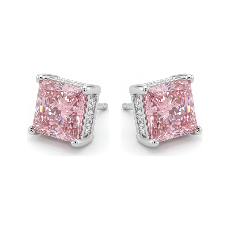 Boucles d'oreilles solitaire taille princesse en diamant rose de laboratoire 5 carats en or blanc 14 carats