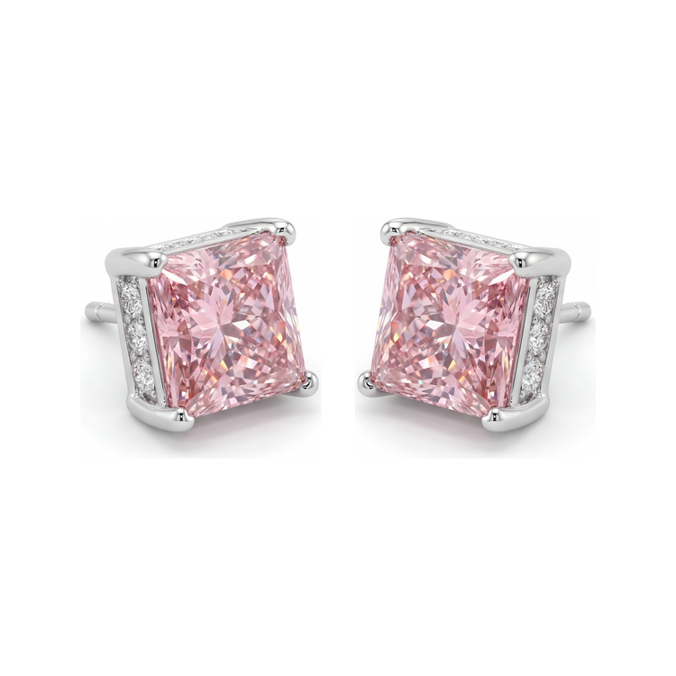 Boucles d'oreilles solitaires princesse en diamant rose de laboratoire 5 carats en Or Blanc 14 carats