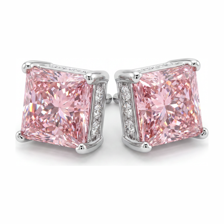 Boucles d'oreilles solitaires princesse en diamant rose de laboratoire 5 carats en Or Blanc 14 carats
