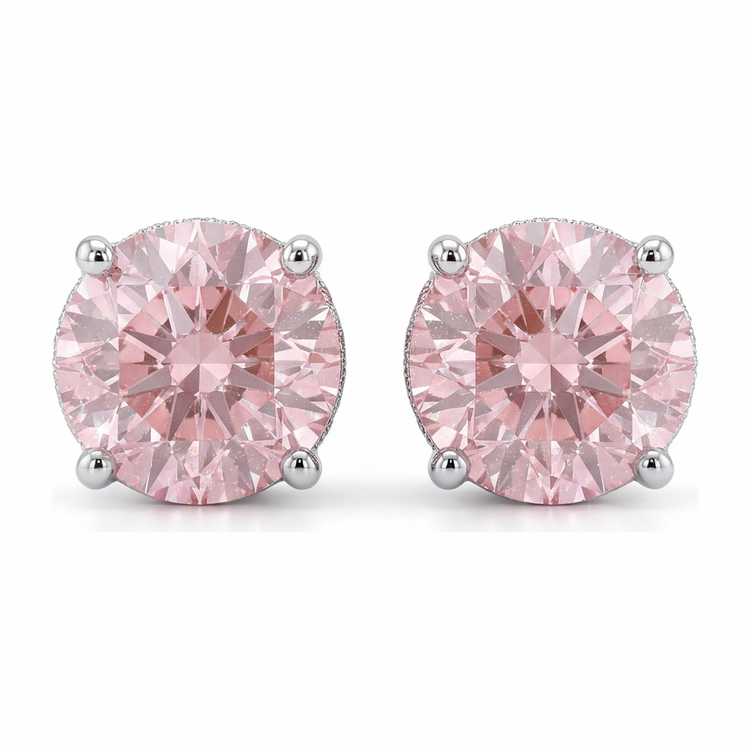 Boucles d'oreilles en Or Blanc 14 carats avec diamants roses de laboratoire 5 carats taille ronde et halo caché