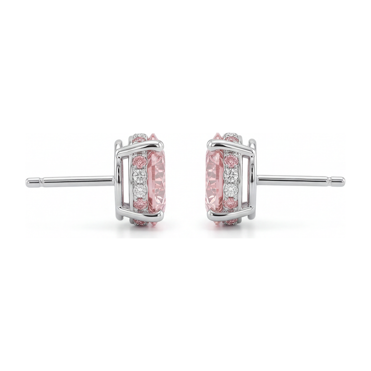 Boucles d'oreilles en Or Blanc 14 carats avec diamants roses de laboratoire 5 carats taille ronde et halo caché