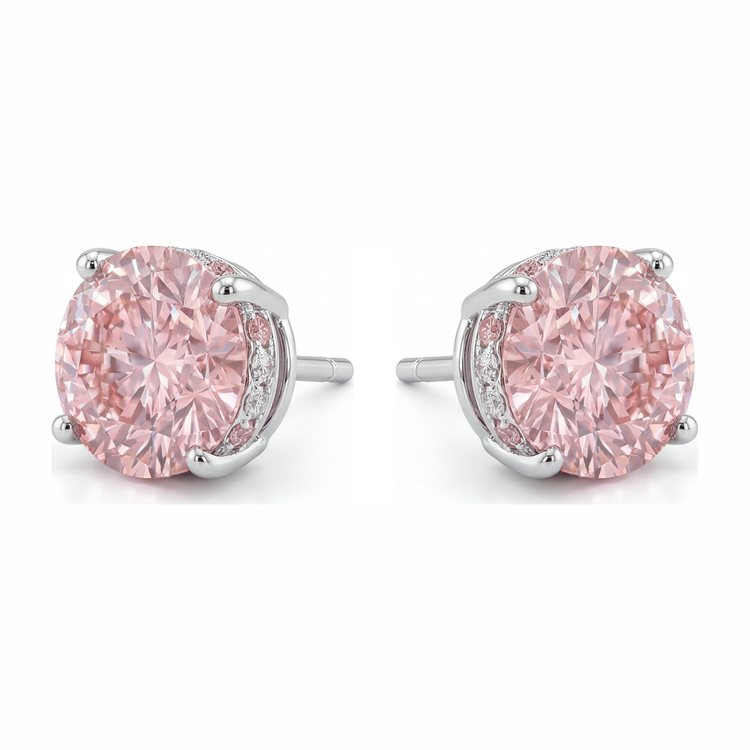 Boucles d'oreilles en diamants roses de laboratoire 5 carats taille ronde avec halo caché en Or Blanc 14 carats