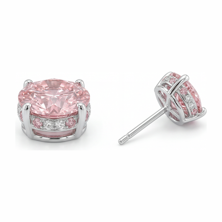 Boucles d'oreilles en Or Blanc 14 carats avec diamants roses de laboratoire 5 carats taille ronde et halo caché