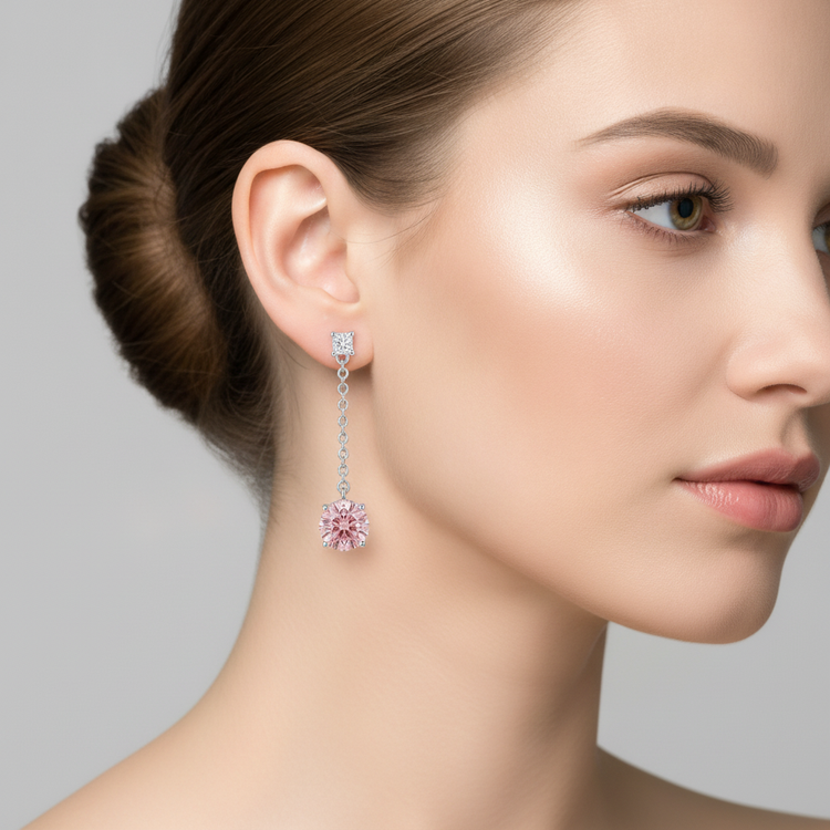 Boucles d'oreilles solitaire simple en diamant rose de laboratoire rond 5 carats en Or Blanc 14 carats