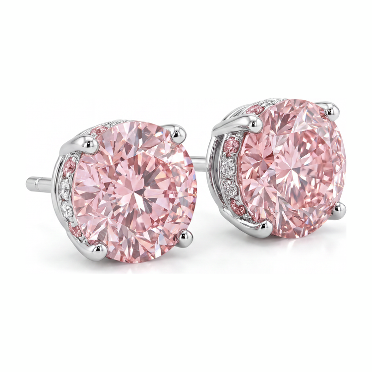 Boucles d'oreilles en diamants roses de laboratoire 5 carats taille ronde avec halo caché en Or Blanc 14 carats