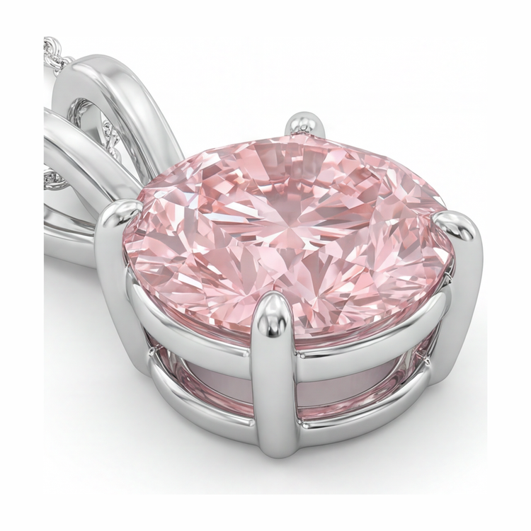 Collier Pendentif Solitaire Diamant Rose de laboratoire Rond 5 Carats en Or Blanc 14 Carats