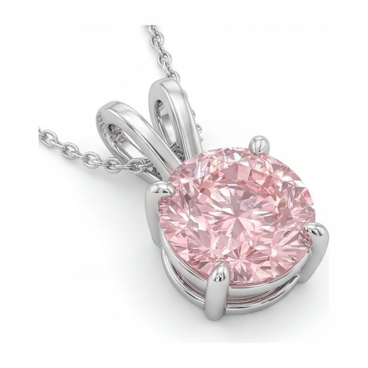 Collier Pendentif Solitaire Diamant Rose de Laboratoire Rond 5 Carats en Or Blanc 14 Carats