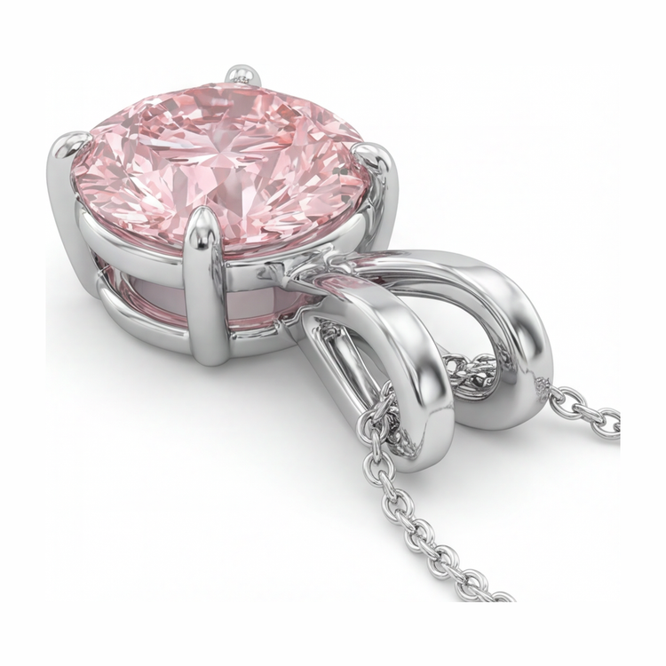 Collier Pendentif Solitaire Diamant Rose de Laboratoire Rond 5 Carats en Or Blanc 14 Carats