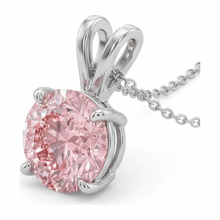 Collier Pendentif Solitaire Diamant Rose de Laboratoire Rond 5 Carats en Or Blanc 14 Carats