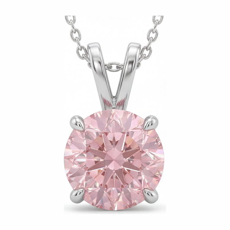 Collier Pendentif Solitaire Diamant Rose de laboratoire Rond 5 Carats en Or Blanc 14 Carats