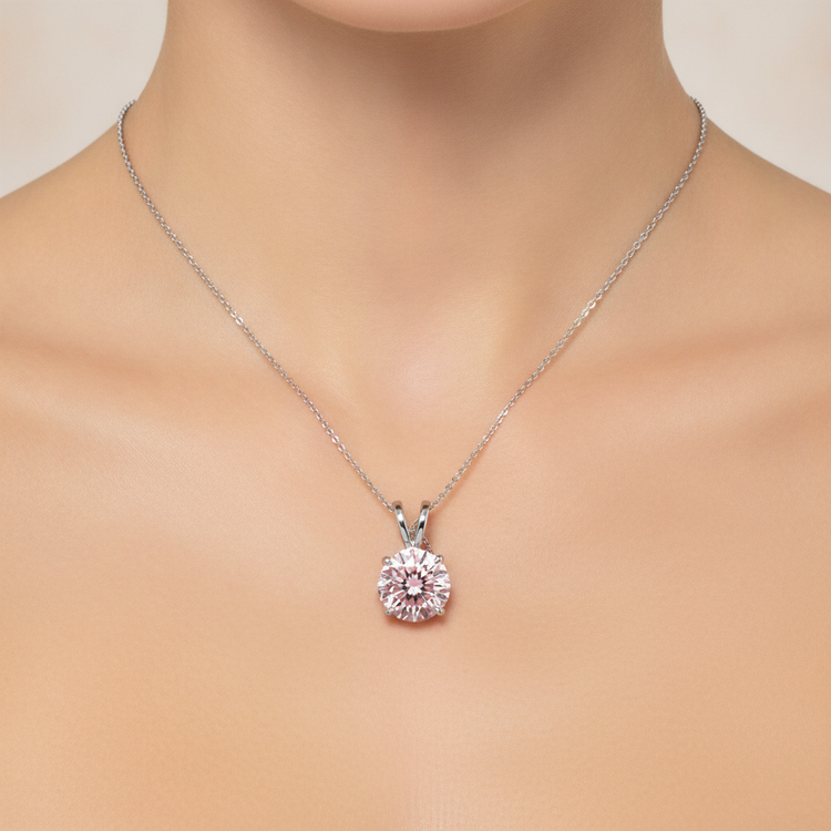 Collier Pendentif Solitaire Diamant Rose de laboratoire Rond 5 Carats en Or Blanc 14 Carats
