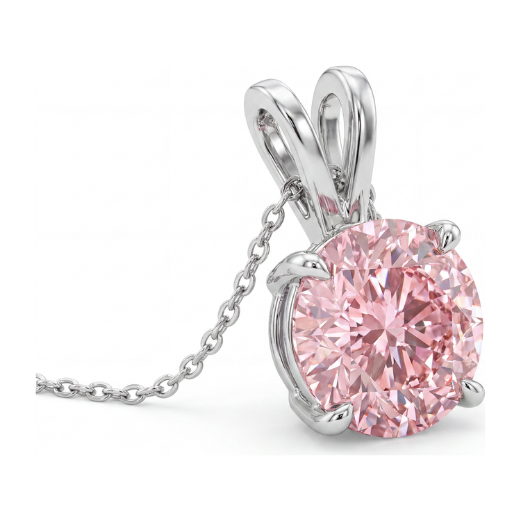 Collier Pendentif Solitaire Diamant Rose de laboratoire Rond 5 Carats en Or Blanc 14 Carats
