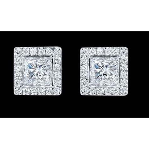 5.42 Carats. Boucles D'Oreilles Réel Diamant Princesse Clou D'oreille Or Blanc Halo