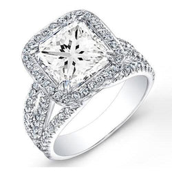 5.75 Carats Alliance Princesse Et Réel Diamant Rond Halo Or Blanc