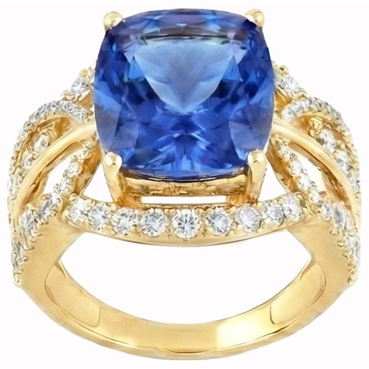 6.01 ct. Coussin Sri Lanka Saphir Bleu Et Diamants Naturels Extraits des Mines ( et non cultivés en laboratoire ) Or Jaune 14K
