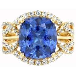 6.01 ct. Coussin Sri Lanka Saphir Bleu Et Diamants Naturels Extraits des Mines ( et non cultivés en laboratoire ) Or Jaune 14K