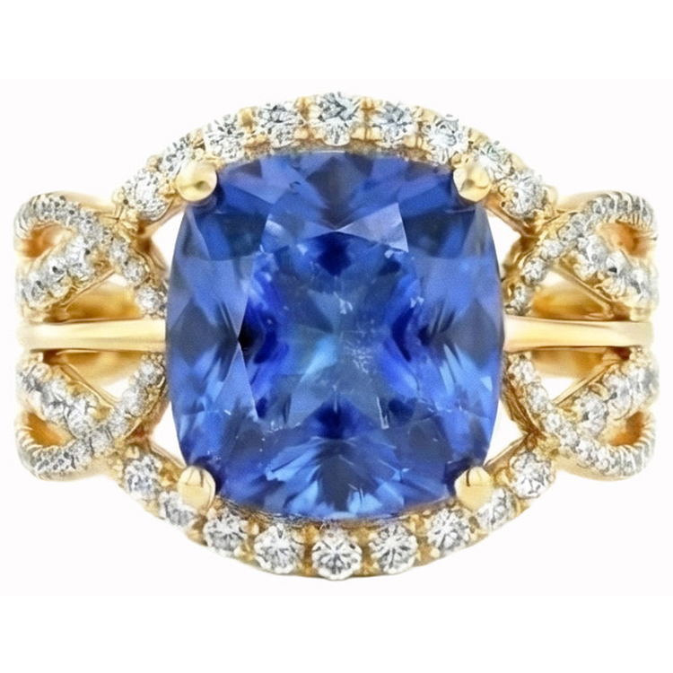 6.01 ct. Coussin Sri Lanka Saphir Bleu Et Diamants Naturels Extraits des Mines ( et non cultivés en laboratoire ) Or Jaune 14K