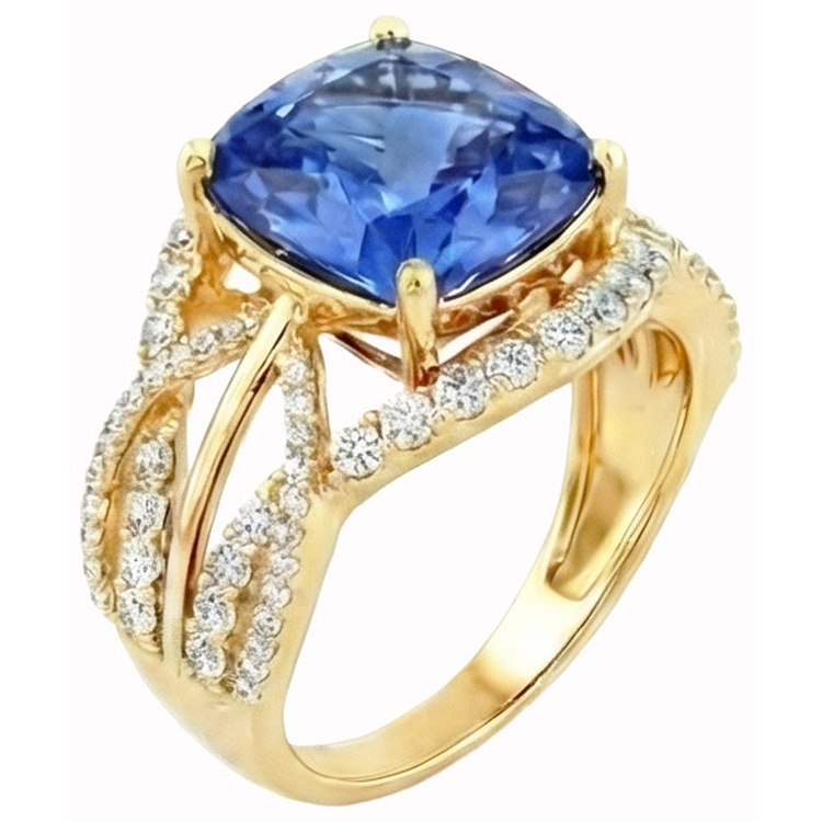6.01 ct. Coussin Sri Lanka Saphir Bleu Et Diamants Naturels Extraits des Mines ( et non cultivés en laboratoire ) Or Jaune 14K