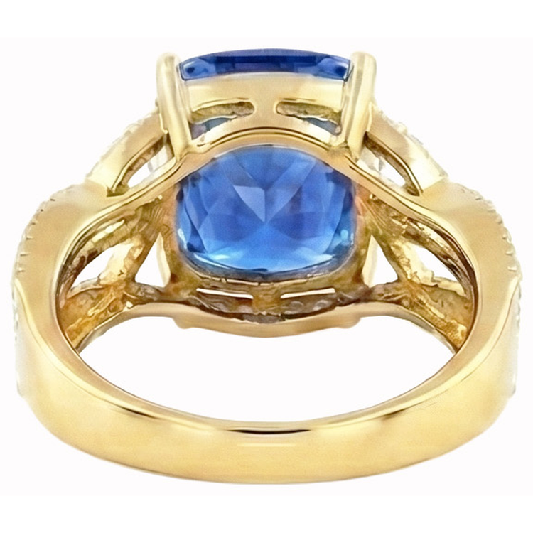 6.01 ct. Coussin Sri Lanka Saphir Bleu Et Diamants Naturels Extraits des Mines ( et non cultivés en laboratoire ) Or Jaune 14K