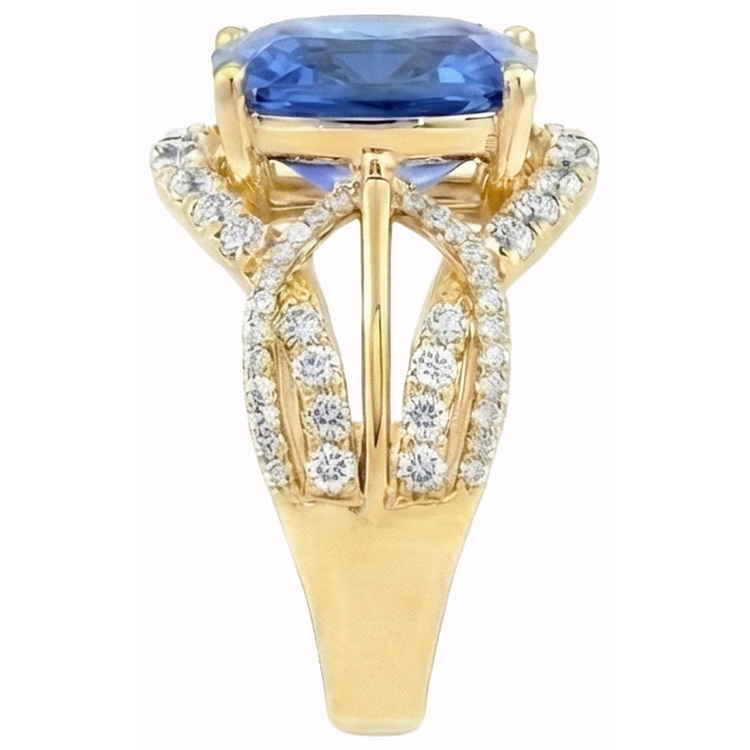 6.01 ct. Coussin Sri Lanka Saphir Bleu Et Diamants Naturels Extraits des Mines ( et non cultivés en laboratoire ) Or Jaune 14K