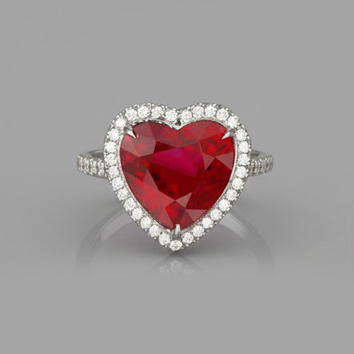6.25 carats rubis taille coeur bague diamant et bague en or blanc 14K