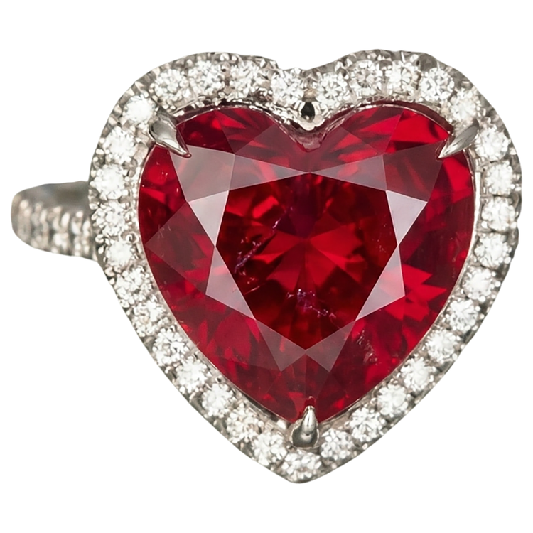 6.25 carats rubis taille coeur bague diamant et bague en or blanc 14K