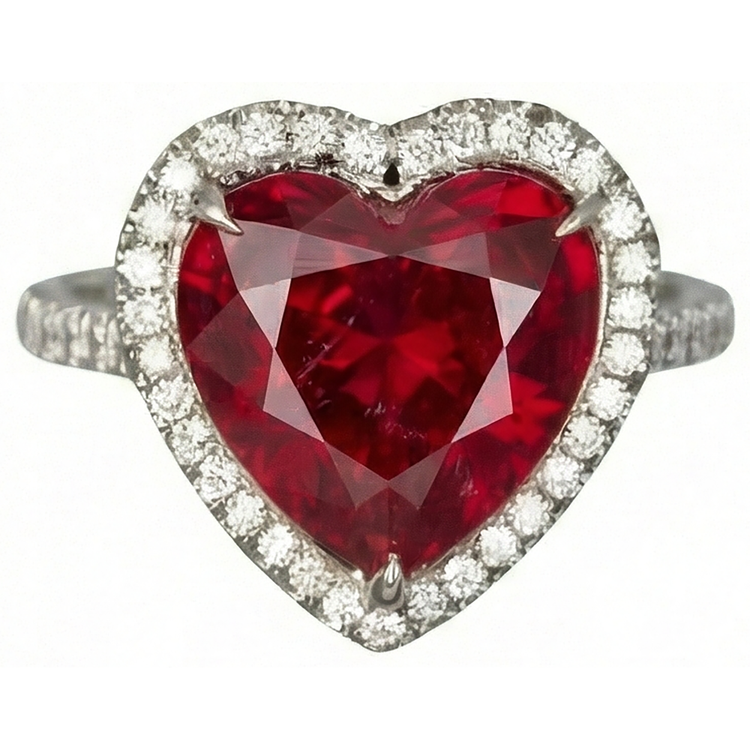 6.25 carats rubis taille coeur bague diamant et bague en or blanc 14K