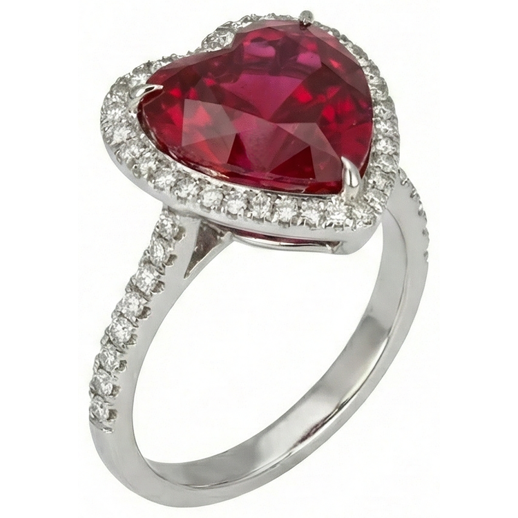 6.25 carats rubis taille coeur bague diamant et bague en or blanc 14K