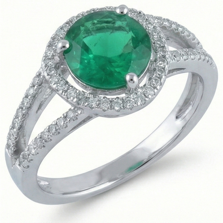 6 Carats Forme Ronde Vert Émeraude Avec Diamant Naturels Extraits des Mines ( et non cultivés en laboratoire ) Bague Or