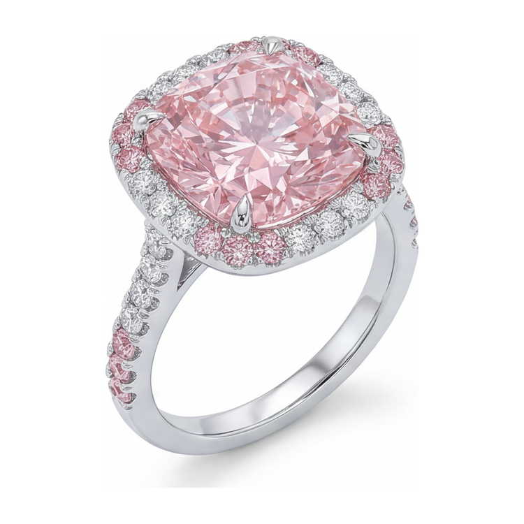Bague pour femme en or blanc 14K avec diamant rose de laboratoire 6 carats, taille coussin et double halo