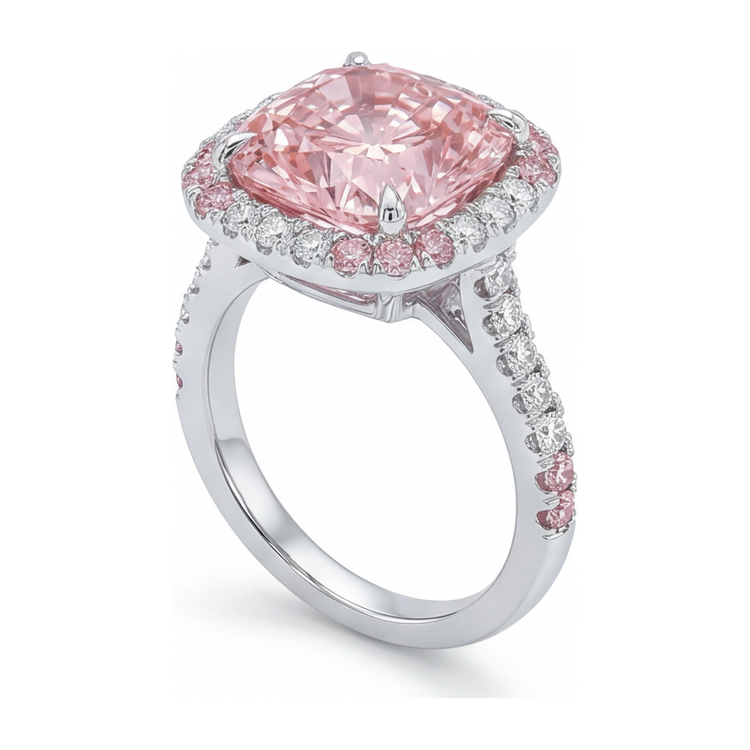 Bague pour femme en or blanc 14K avec diamant rose de laboratoire 6 carats, taille coussin et double halo