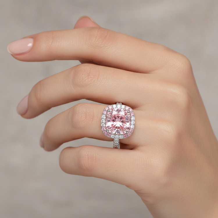 Bague pour femme en or blanc 14K avec diamant rose de laboratoire 6 carats, taille coussin et double halo